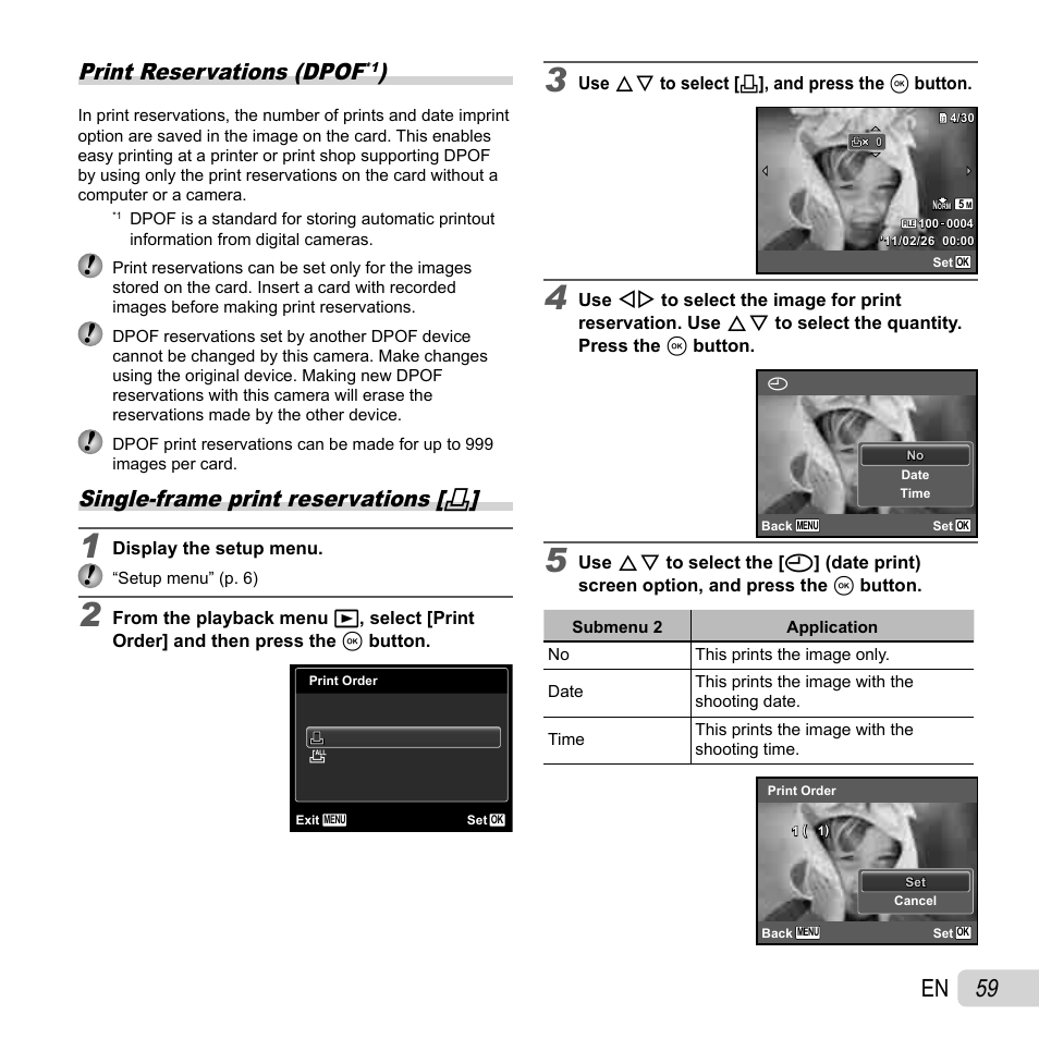 59 en, Print reservations (dpof, Single-frame print reservations | Olympus SZ-30MR User Manual | Page 59 / 84