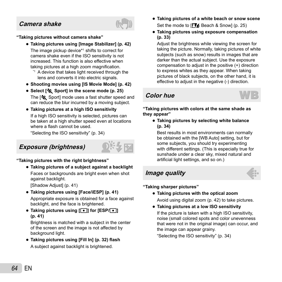 64 en, Camera shake, Exposure (brightness) | Color hue, Image quality | Olympus SZ-30MR User Manual | Page 64 / 84