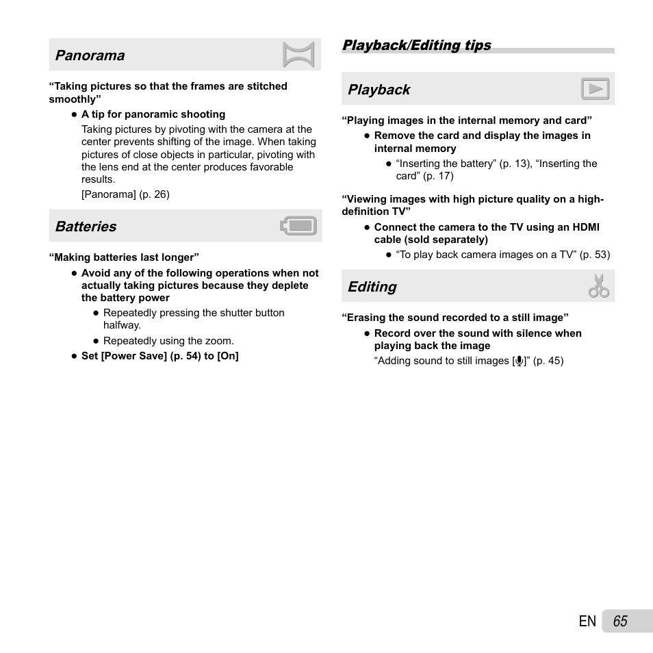 65 en, Panorama, Batteries | Playback/editing tips playback, Editing | Olympus SZ-30MR User Manual | Page 65 / 84