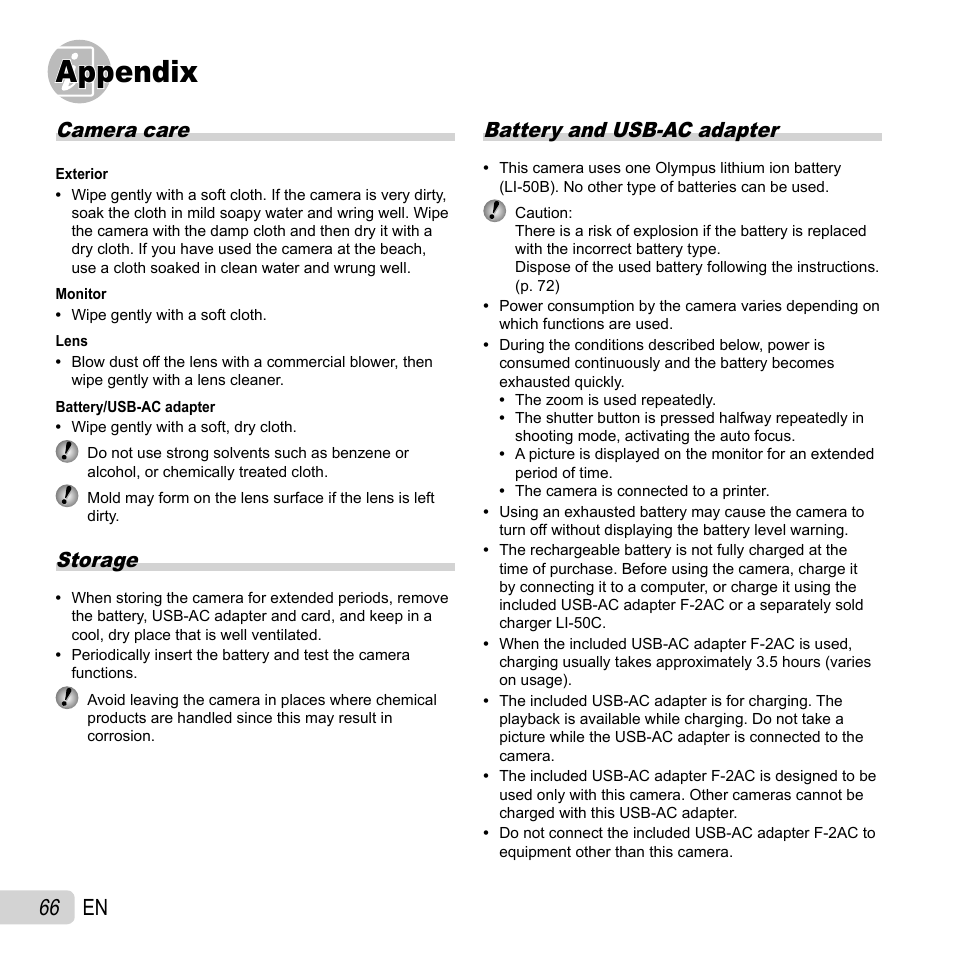 Appendix, 66 en, Camera care | Storage, Battery and usb-ac adapter | Olympus SZ-30MR User Manual | Page 66 / 84