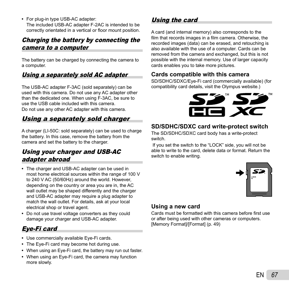 67 en, Using a separately sold ac adapter, Using a separately sold charger | Using your charger and usb-ac adapter abroad, Eye-fi card, Using the card | Olympus SZ-30MR User Manual | Page 67 / 84