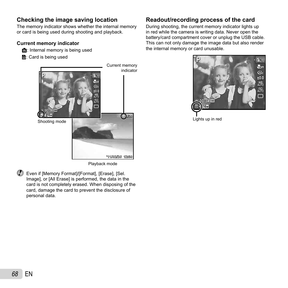 68 en, Checking the image saving location, Readout/recording process of the card | Olympus SZ-30MR User Manual | Page 68 / 84