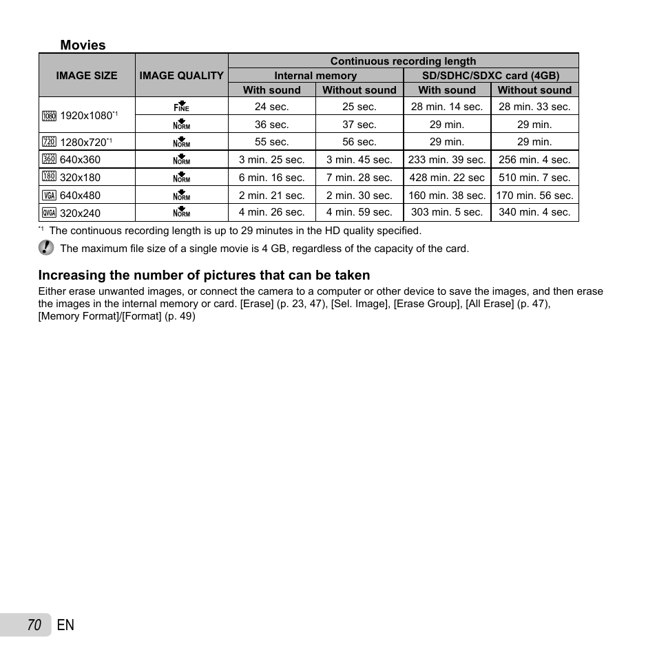 70 en, Movies | Olympus SZ-30MR User Manual | Page 70 / 84