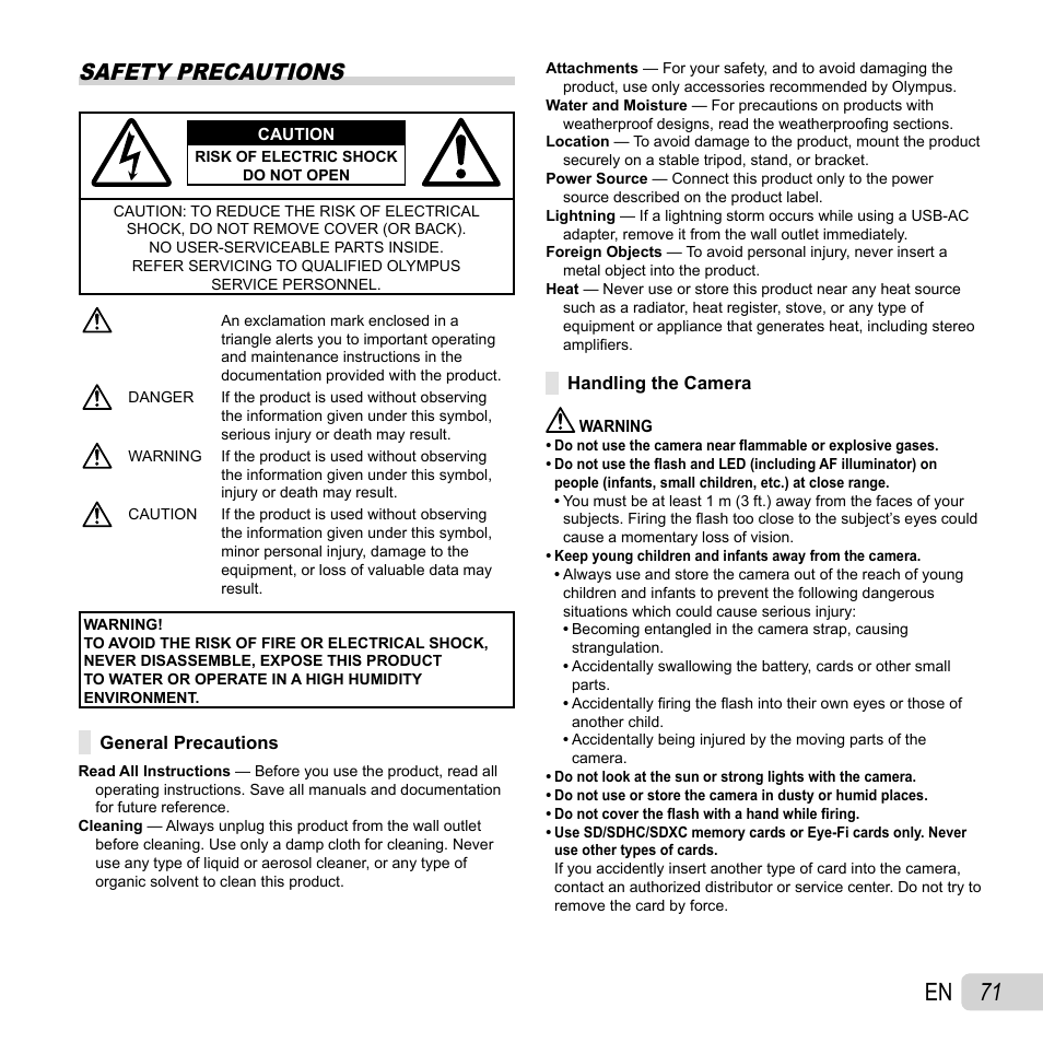 71 en, Safety precautions | Olympus SZ-30MR User Manual | Page 71 / 84