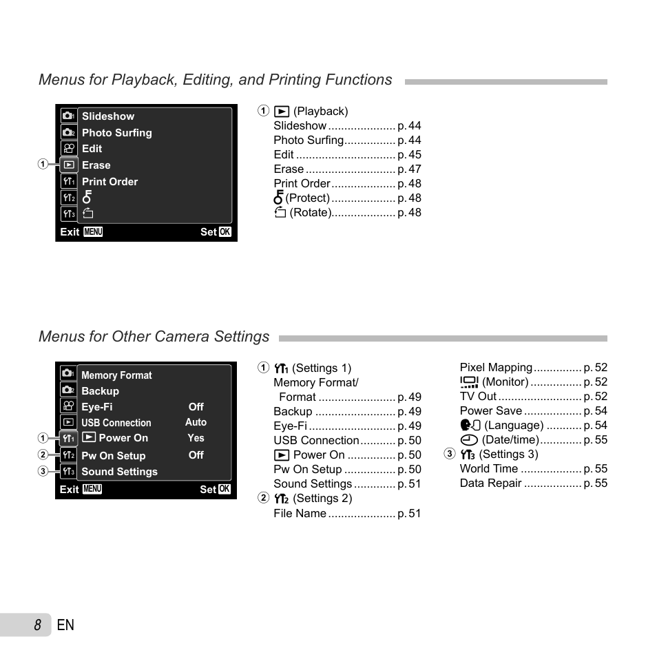 8 en, Menus for other camera settings | Olympus SZ-30MR User Manual | Page 8 / 84