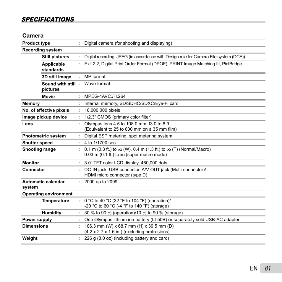 81 en, Specifications, Camera | Olympus SZ-30MR User Manual | Page 81 / 84