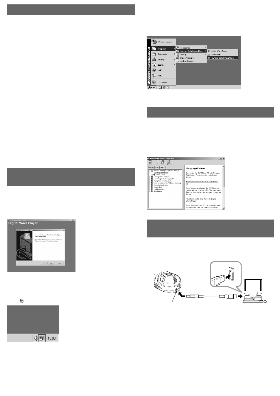 Using online help, Starting olympus digital wave player, Using the recorder with a pc | Installing olympus digital wave player | Olympus DW 90 User Manual | Page 6 / 8