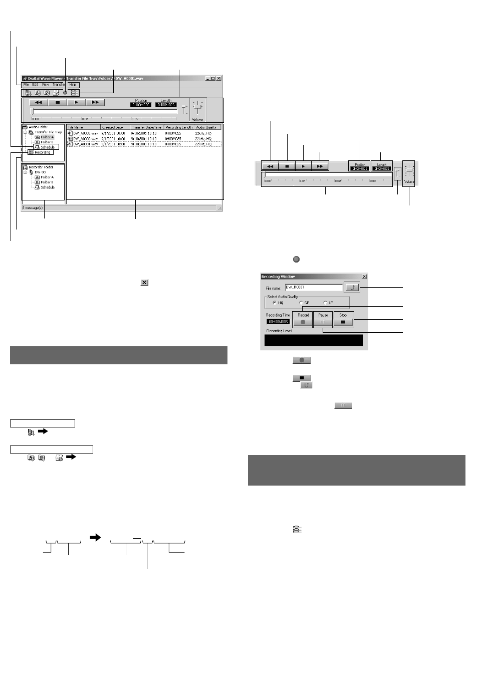 Other functions of olympus digital wave player, Using olympus digital wave player, Playing the files on the pc | Intro scan of the first 5 seconds of each file, Transferring recorded files to the pc | Olympus DW 90 User Manual | Page 7 / 8