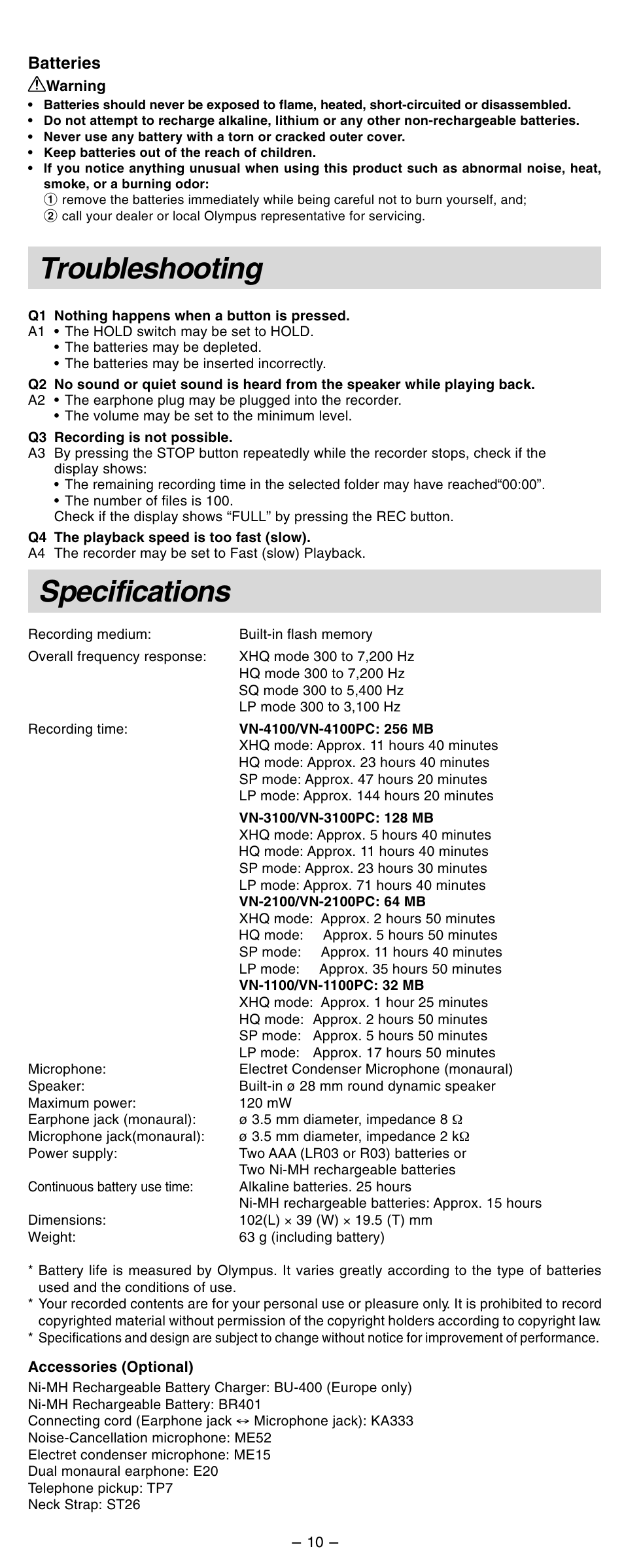 Troubleshooting, Specifications | Olympus VN-3100 User Manual | Page 10 / 10