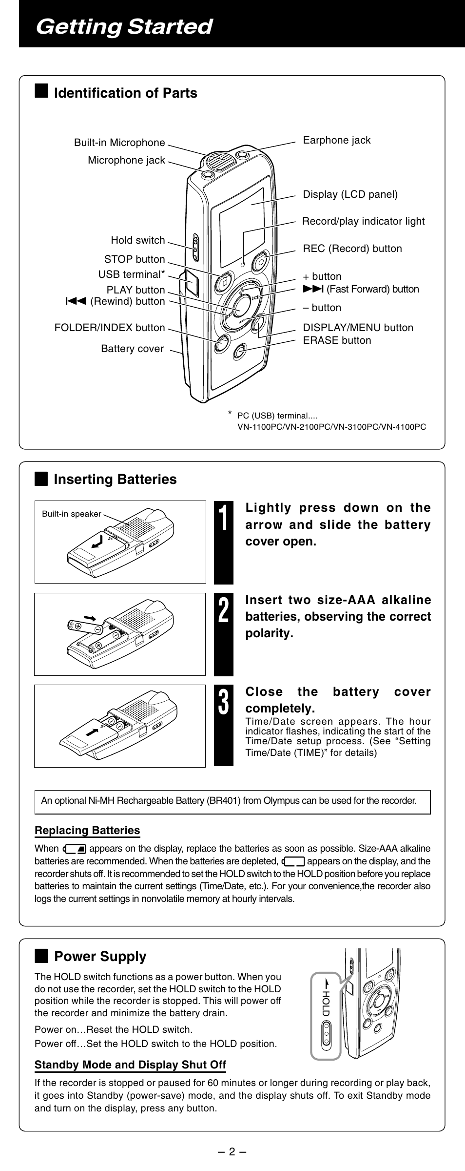 Getting started | Olympus VN-3100 User Manual | Page 2 / 10