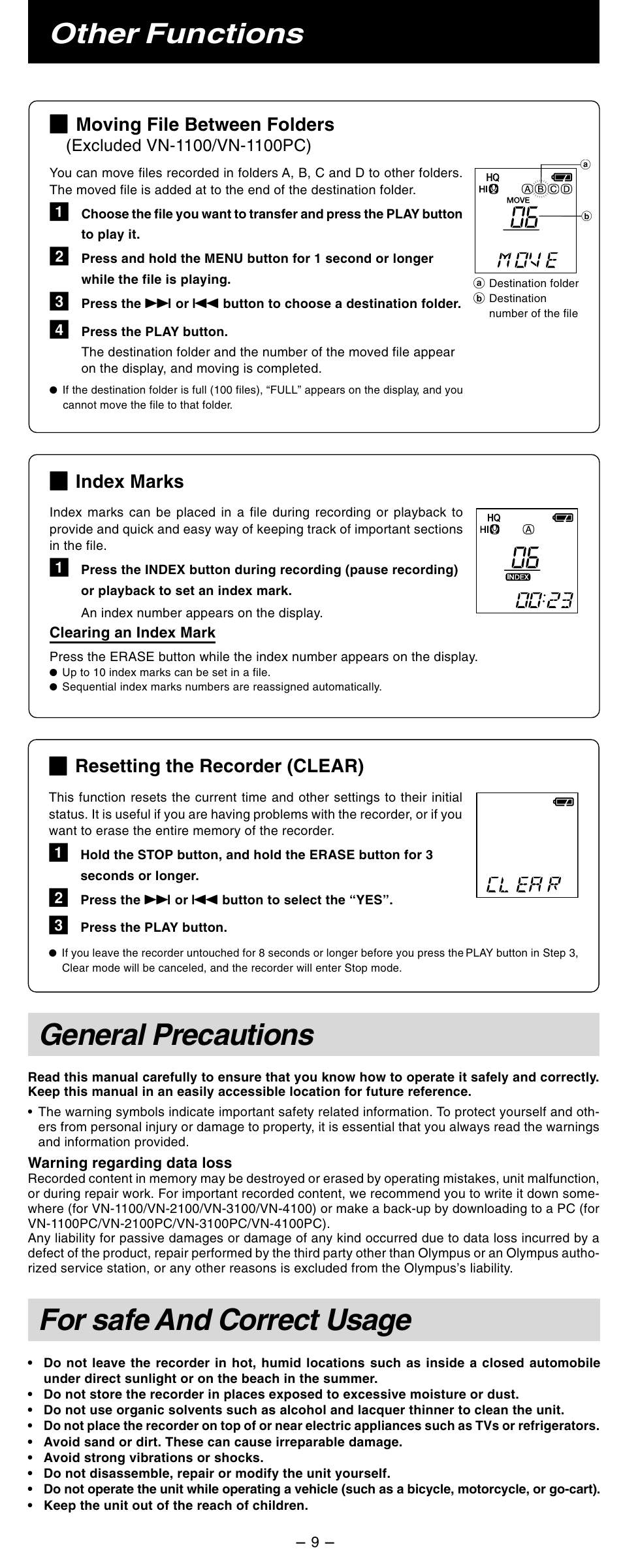 General precautions, For safe and correct usage, Other functions | Index marks, Moving file between folders, Resetting the recorder (clear) | Olympus VN-3100 User Manual | Page 9 / 10