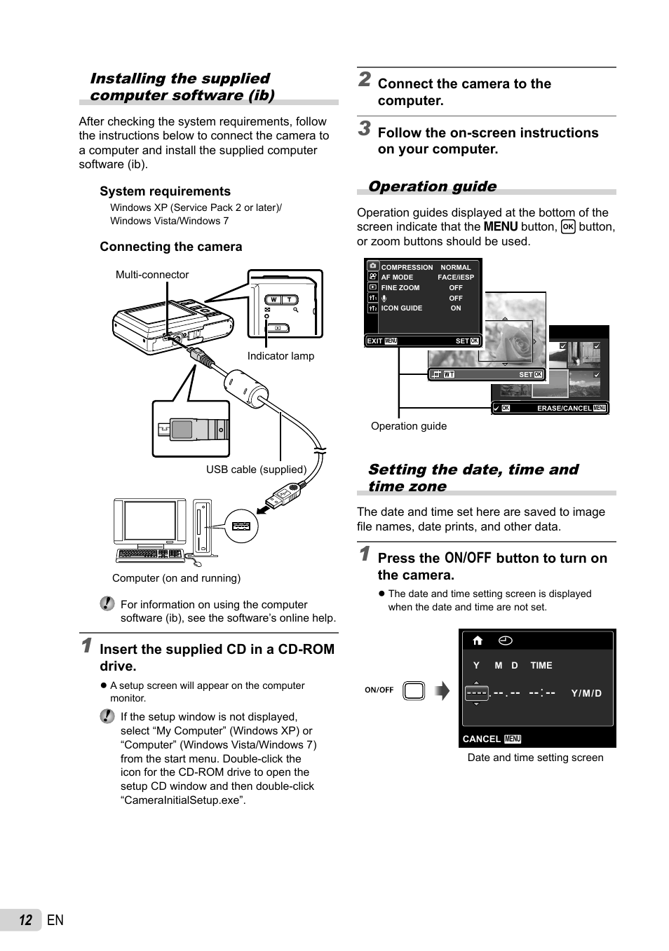 Operation guide, Setting the date, time and time zone, Insert the supplied cd in a cd-rom drive | Connect the camera to the computer, Follow the on-screen instructions on your computer, Press the n button to turn on the camera | Olympus T-100 User Manual | Page 12 / 61