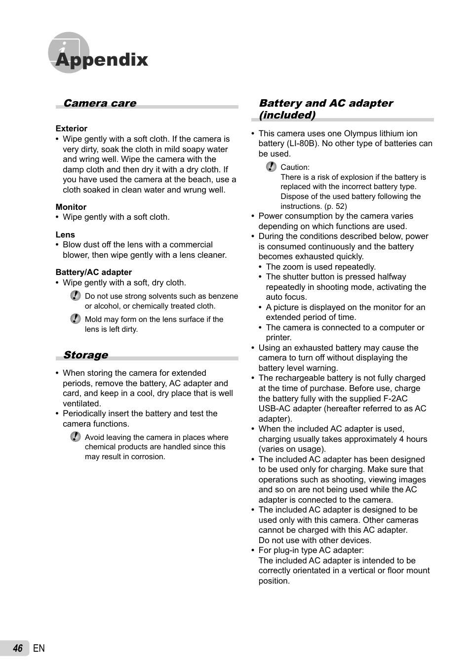 Appendix, 46 en, Battery and ac adapter (included) | Camera care, Storage | Olympus T-100 User Manual | Page 46 / 61