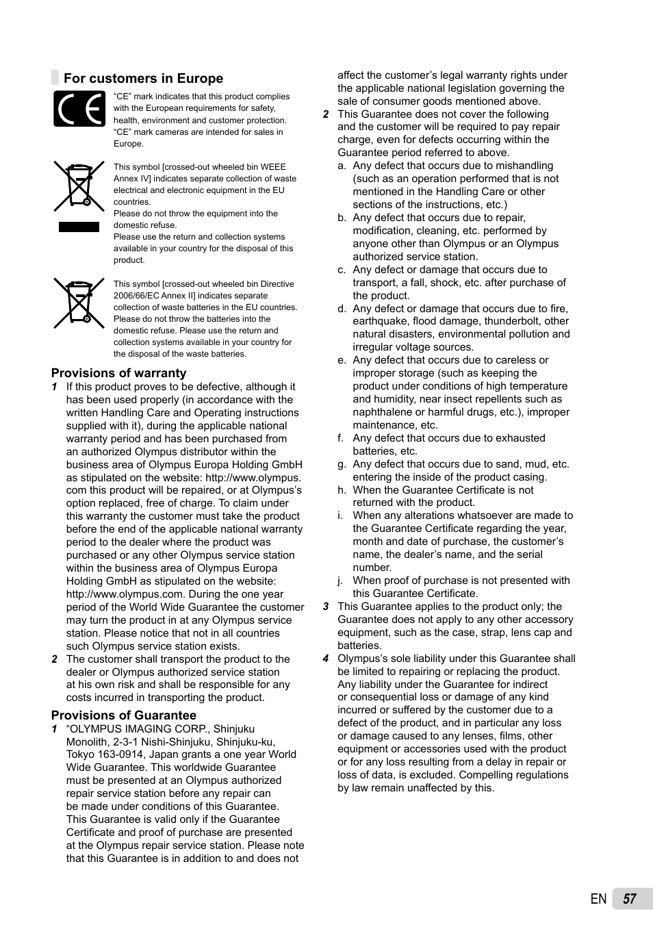 57 en, For customers in europe | Olympus T-100 User Manual | Page 57 / 61