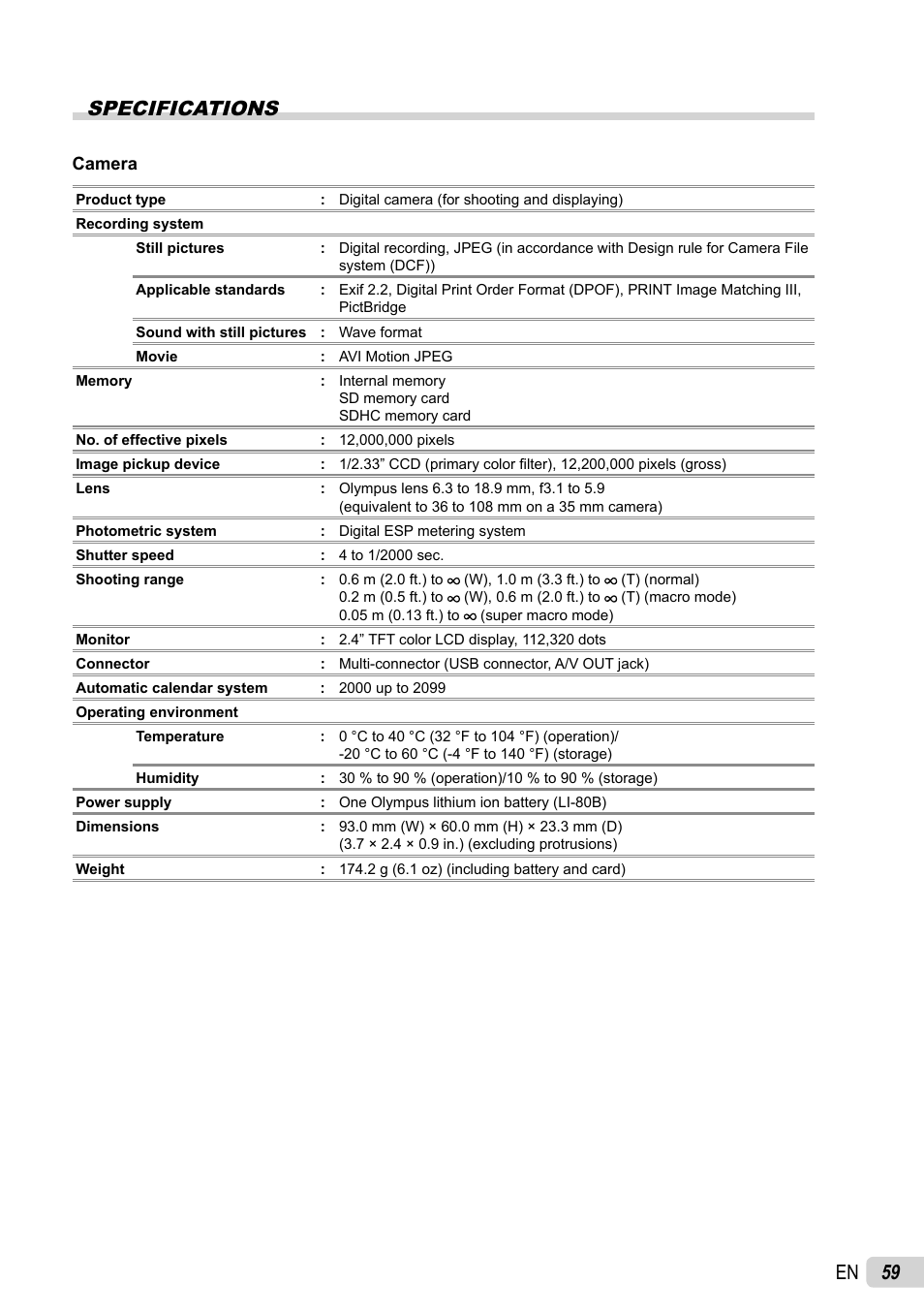 59 en specifications | Olympus T-100 User Manual | Page 59 / 61