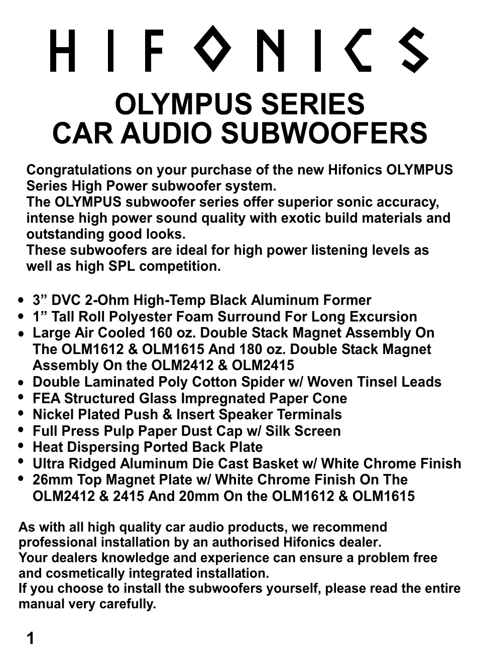 Olympus series car audio subwoofers | Olympus OLM2415 User Manual | Page 2 / 9