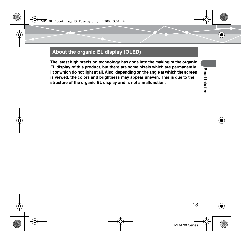 About the organic el display (oled) | Olympus MR-F30 Series User Manual | Page 13 / 86