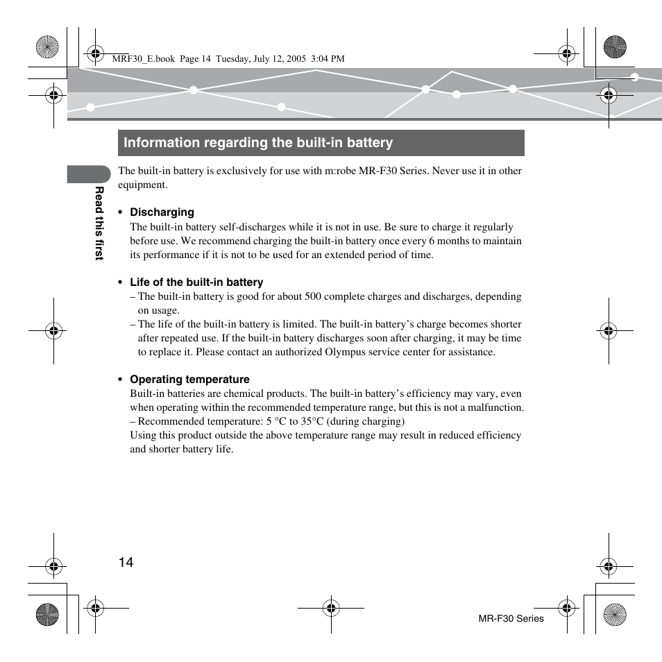 Information regarding the built-in battery | Olympus MR-F30 Series User Manual | Page 14 / 86