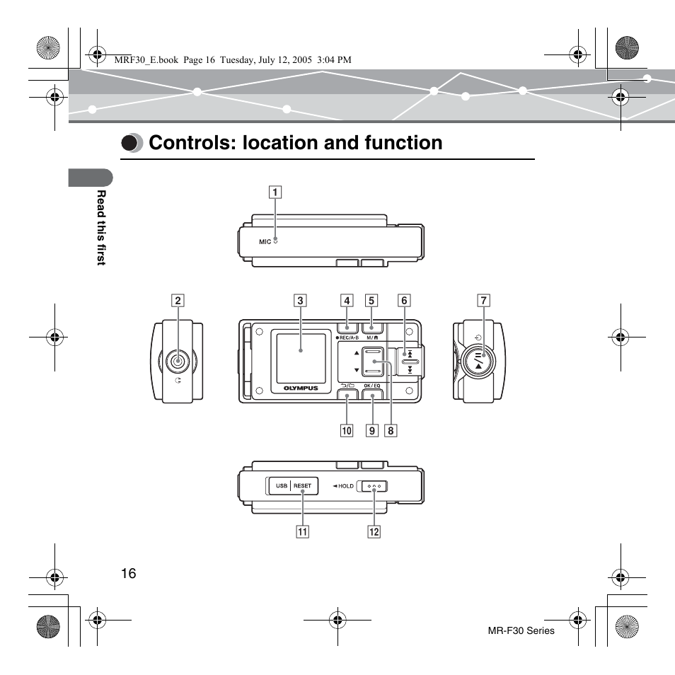 Controls: location and function | Olympus MR-F30 Series User Manual | Page 16 / 86