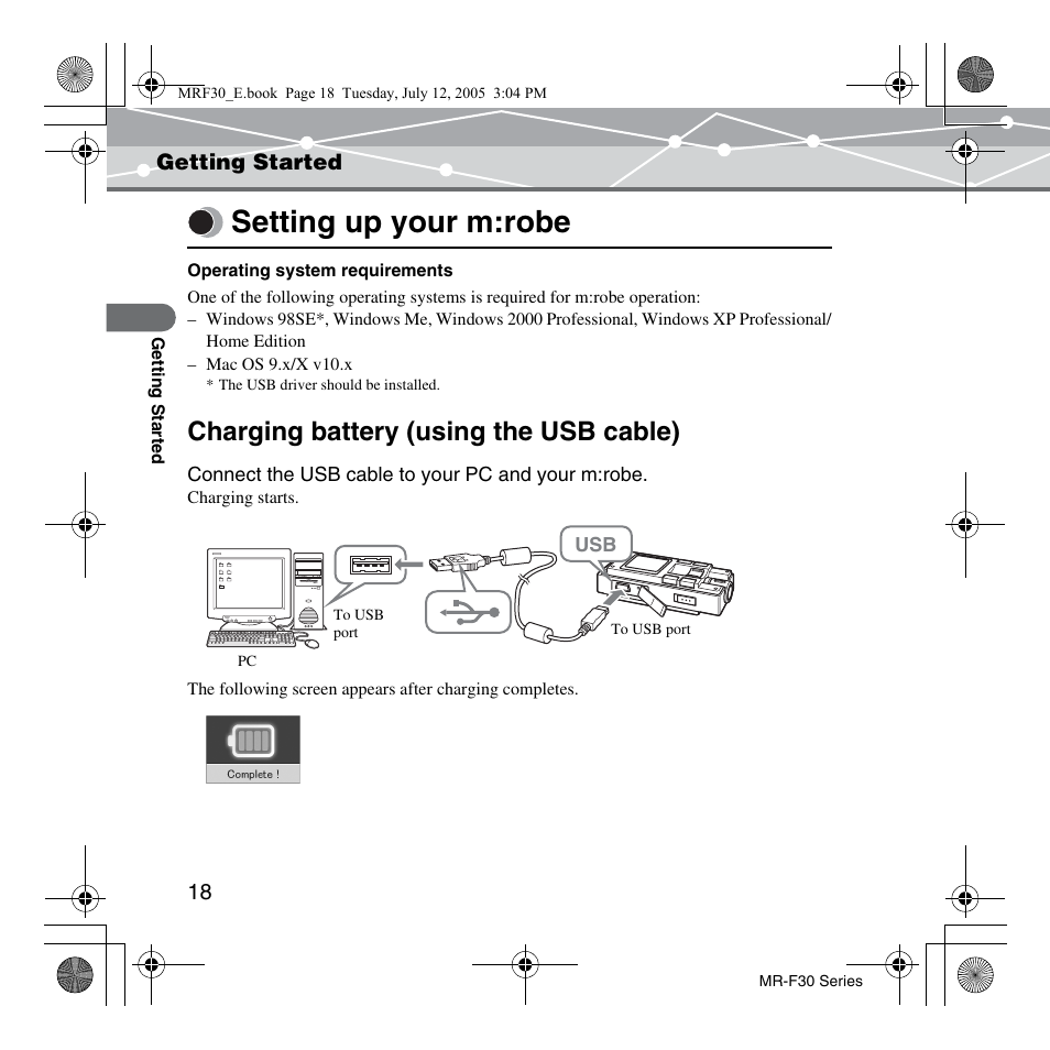 Getting started, Setting up your m:robe, Charging battery (using the usb cable) | Getting started setting up your m:robe | Olympus MR-F30 Series User Manual | Page 18 / 86