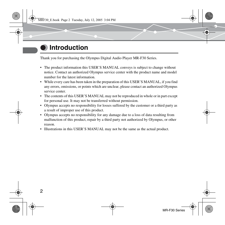 Introduction | Olympus MR-F30 Series User Manual | Page 2 / 86