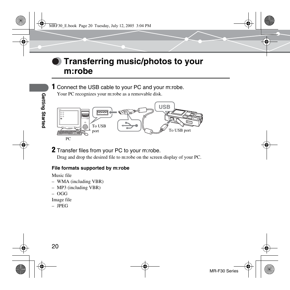 Transferring music/photos to your m:robe | Olympus MR-F30 Series User Manual | Page 20 / 86