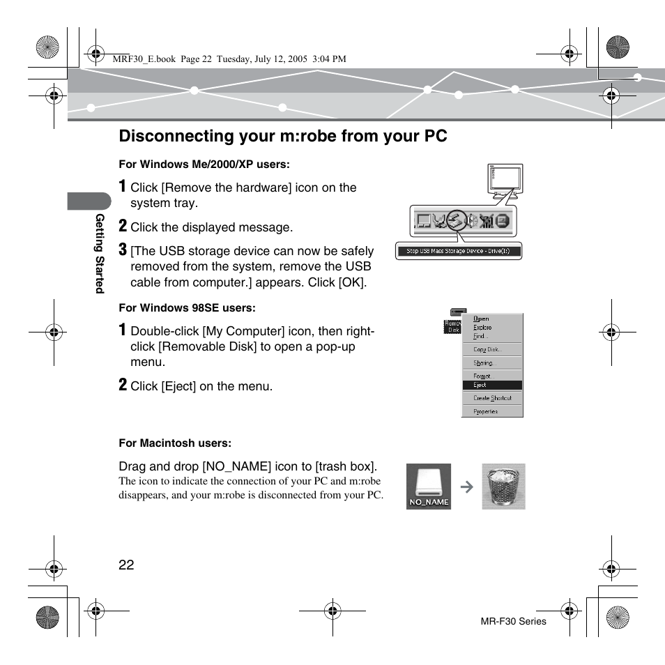 Disconnecting your m:robe from your pc | Olympus MR-F30 Series User Manual | Page 22 / 86