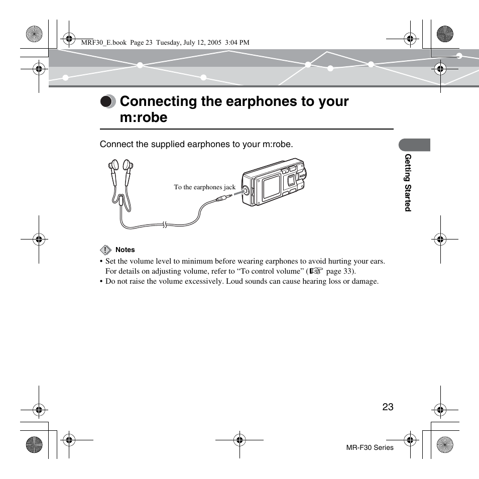 Connecting the earphones to your m:robe | Olympus MR-F30 Series User Manual | Page 23 / 86