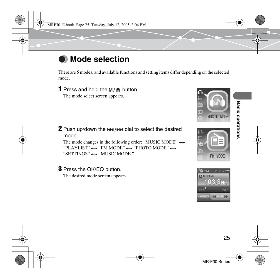 Mode selection | Olympus MR-F30 Series User Manual | Page 25 / 86