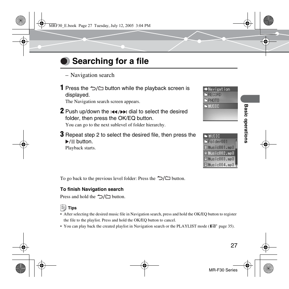 Searching for a file | Olympus MR-F30 Series User Manual | Page 27 / 86