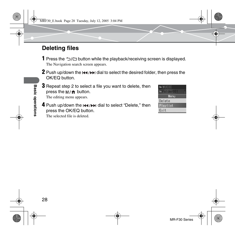 Deleting files, Deleting files 1 | Olympus MR-F30 Series User Manual | Page 28 / 86