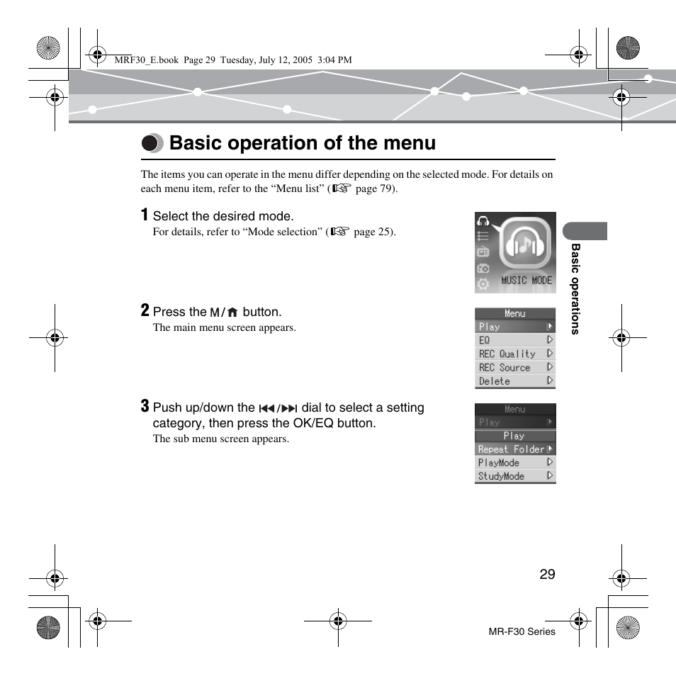 Basic operation of the menu | Olympus MR-F30 Series User Manual | Page 29 / 86