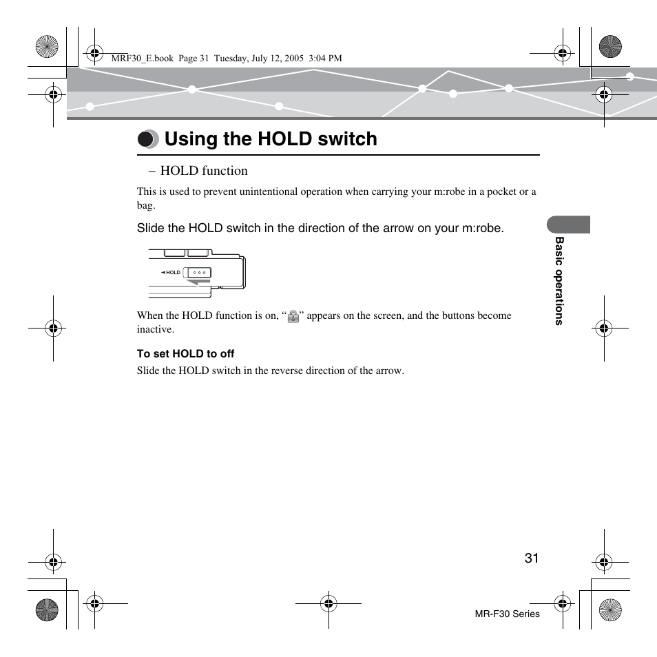 Using the hold switch | Olympus MR-F30 Series User Manual | Page 31 / 86