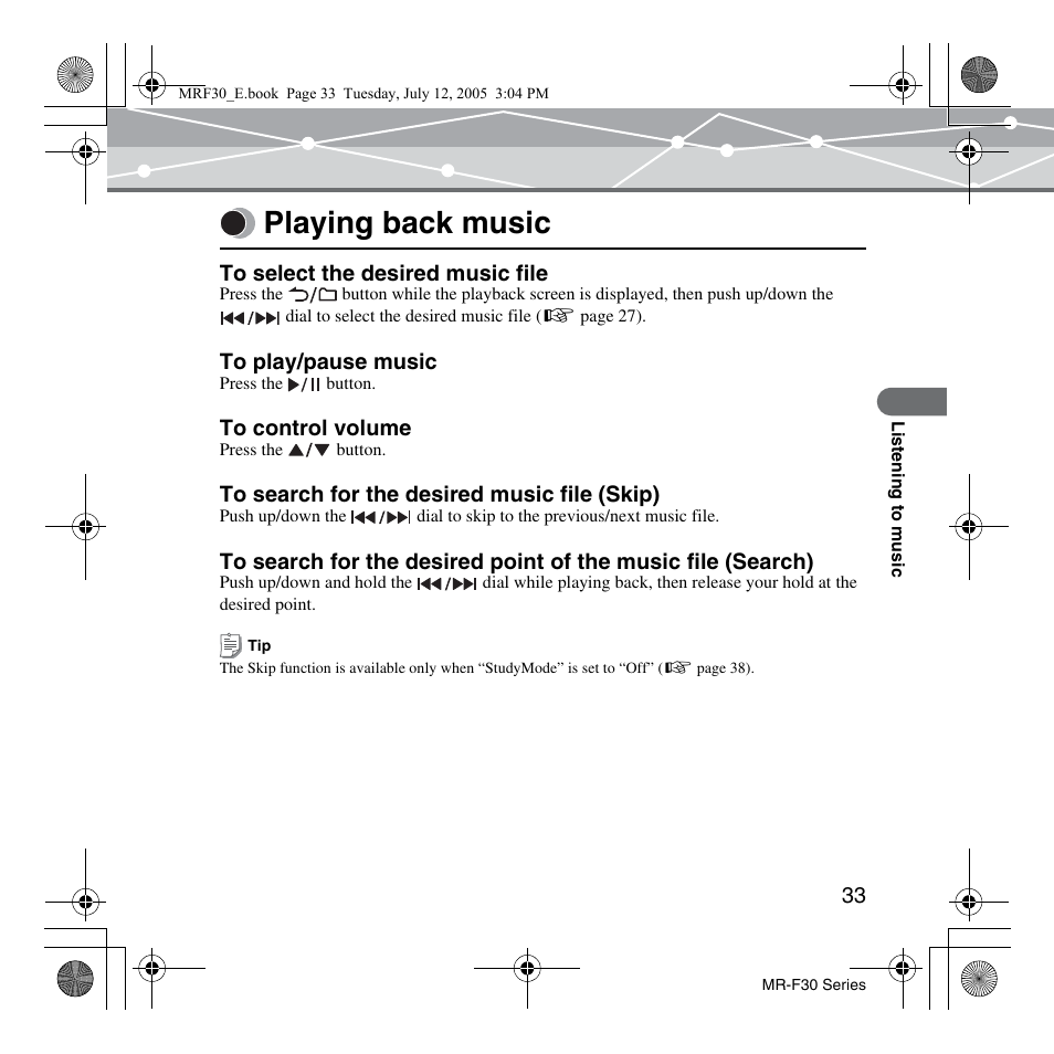 Playing back music | Olympus MR-F30 Series User Manual | Page 33 / 86