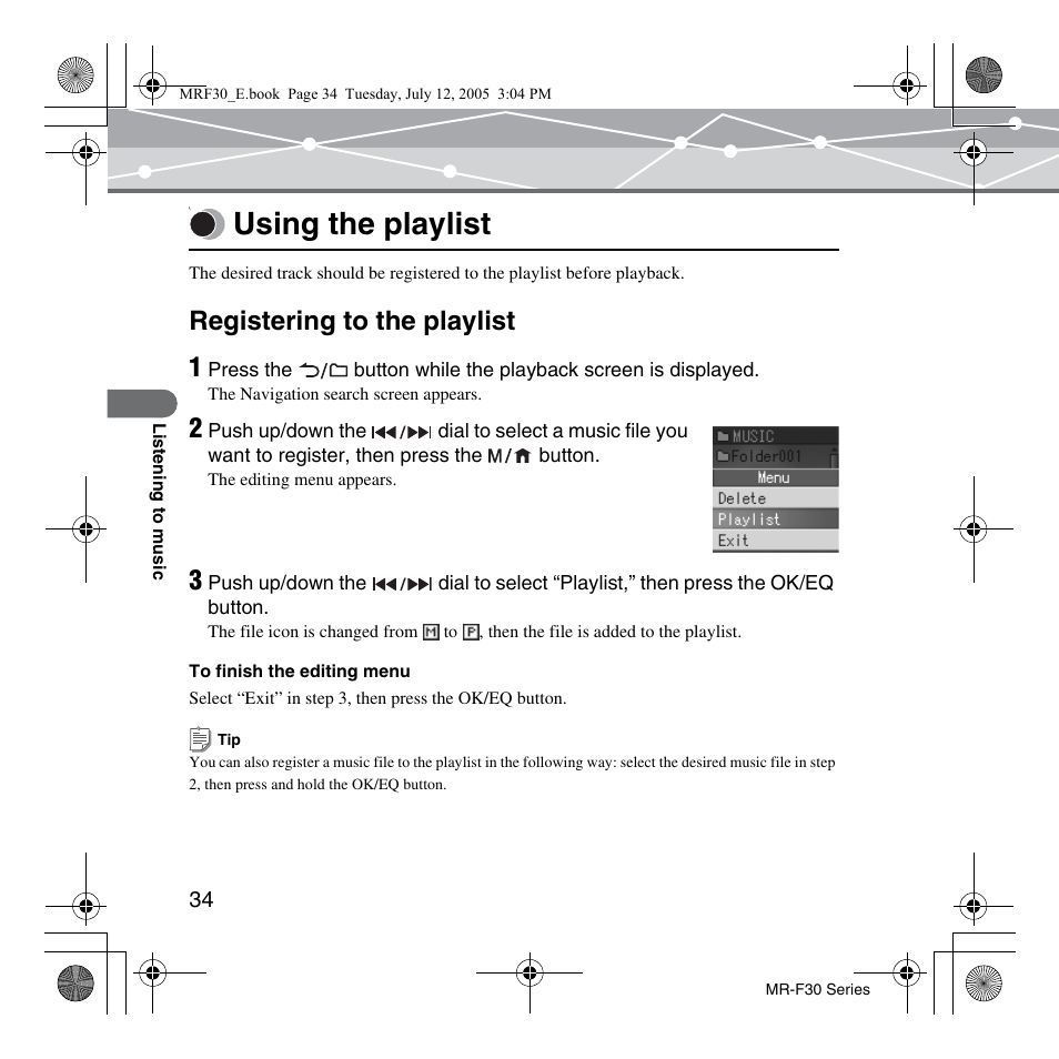 Using the playlist, Registering to the playlist, Playlist easily | Registering to the playlist 1 | Olympus MR-F30 Series User Manual | Page 34 / 86