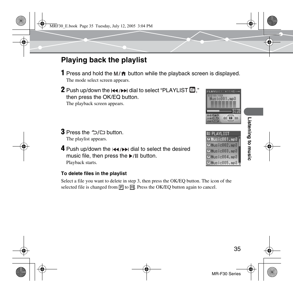 Playing back the playlist, Playing back the playlist 1 | Olympus MR-F30 Series User Manual | Page 35 / 86