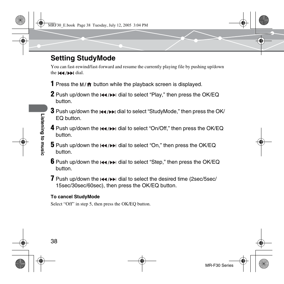 Setting studymode | Olympus MR-F30 Series User Manual | Page 38 / 86