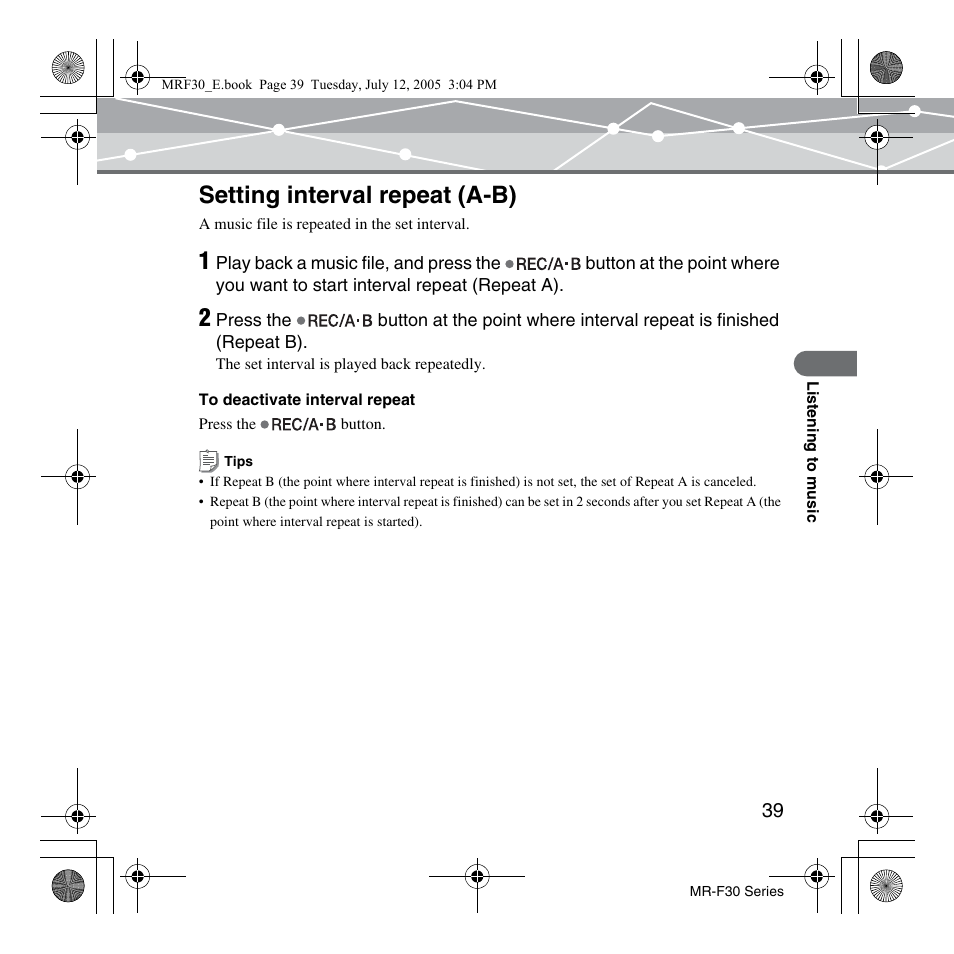 Setting interval repeat (a-b) | Olympus MR-F30 Series User Manual | Page 39 / 86