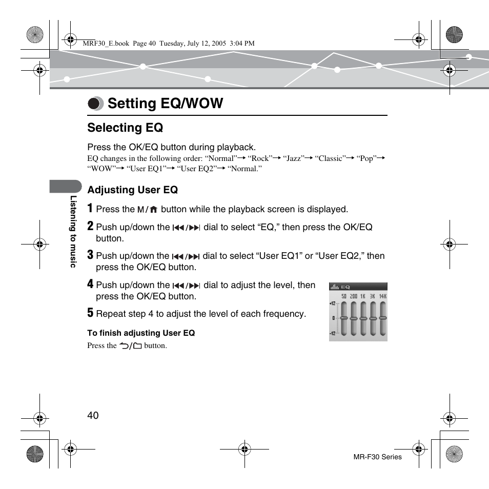 Setting eq/wow, Selecting eq | Olympus MR-F30 Series User Manual | Page 40 / 86