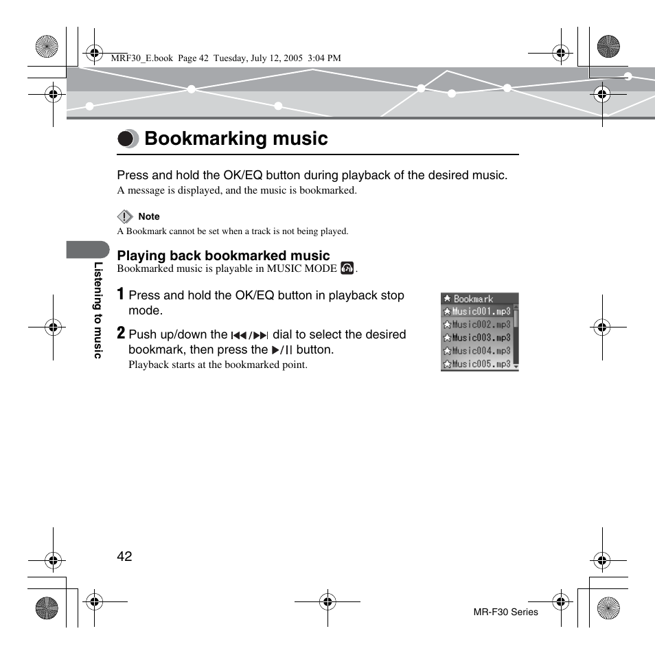 Bookmarking music | Olympus MR-F30 Series User Manual | Page 42 / 86