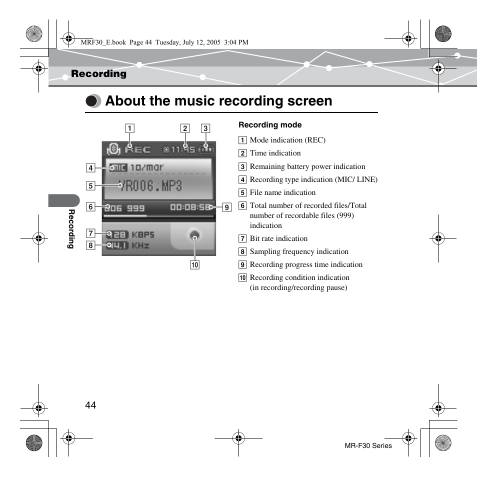 Recording, About the music recording screen, Recording about the music recording screen | Olympus MR-F30 Series User Manual | Page 44 / 86