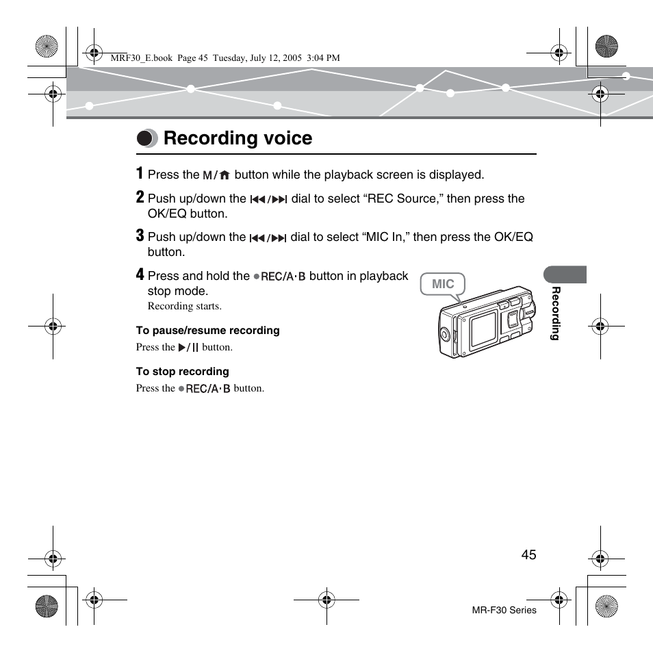 Recording voice | Olympus MR-F30 Series User Manual | Page 45 / 86