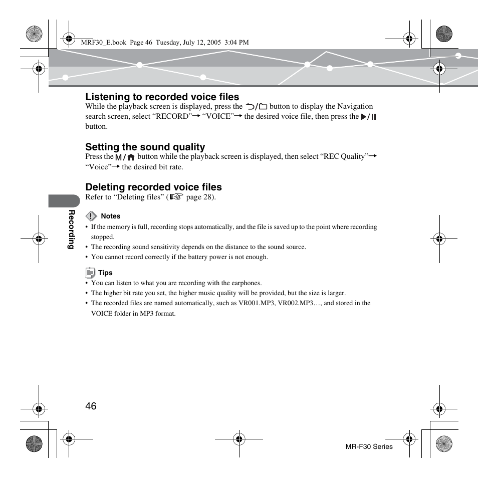 Listening to recorded voice files, Setting the sound quality, Deleting recorded voice files | Olympus MR-F30 Series User Manual | Page 46 / 86