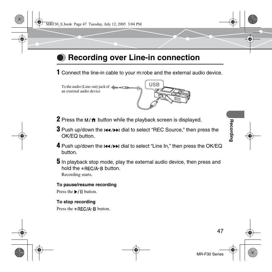 Recording over line-in connection | Olympus MR-F30 Series User Manual | Page 47 / 86