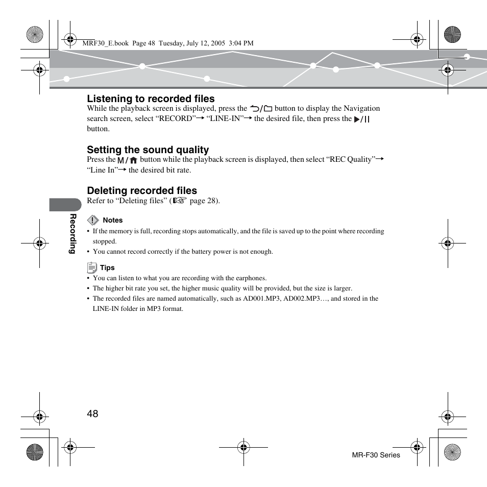 Listening to recorded files, Setting the sound quality, Deleting recorded files | Olympus MR-F30 Series User Manual | Page 48 / 86