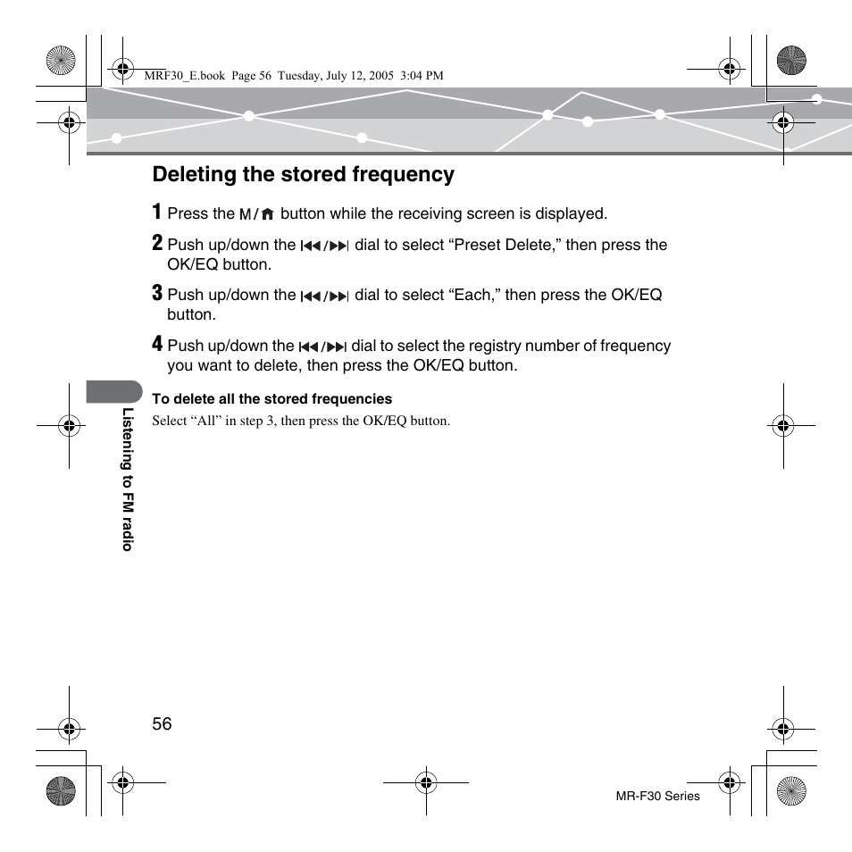 Deleting the stored frequency, Deleting the stored frequency 1 | Olympus MR-F30 Series User Manual | Page 56 / 86