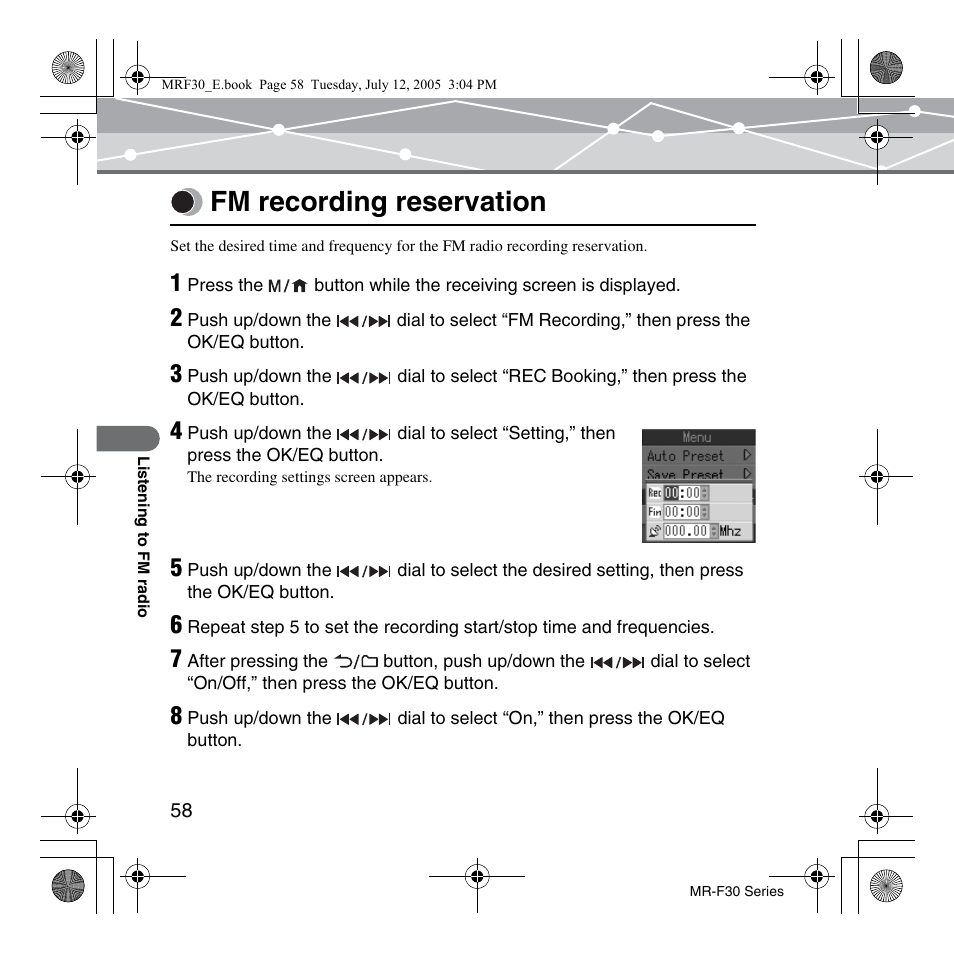 Fm recording reservation | Olympus MR-F30 Series User Manual | Page 58 / 86