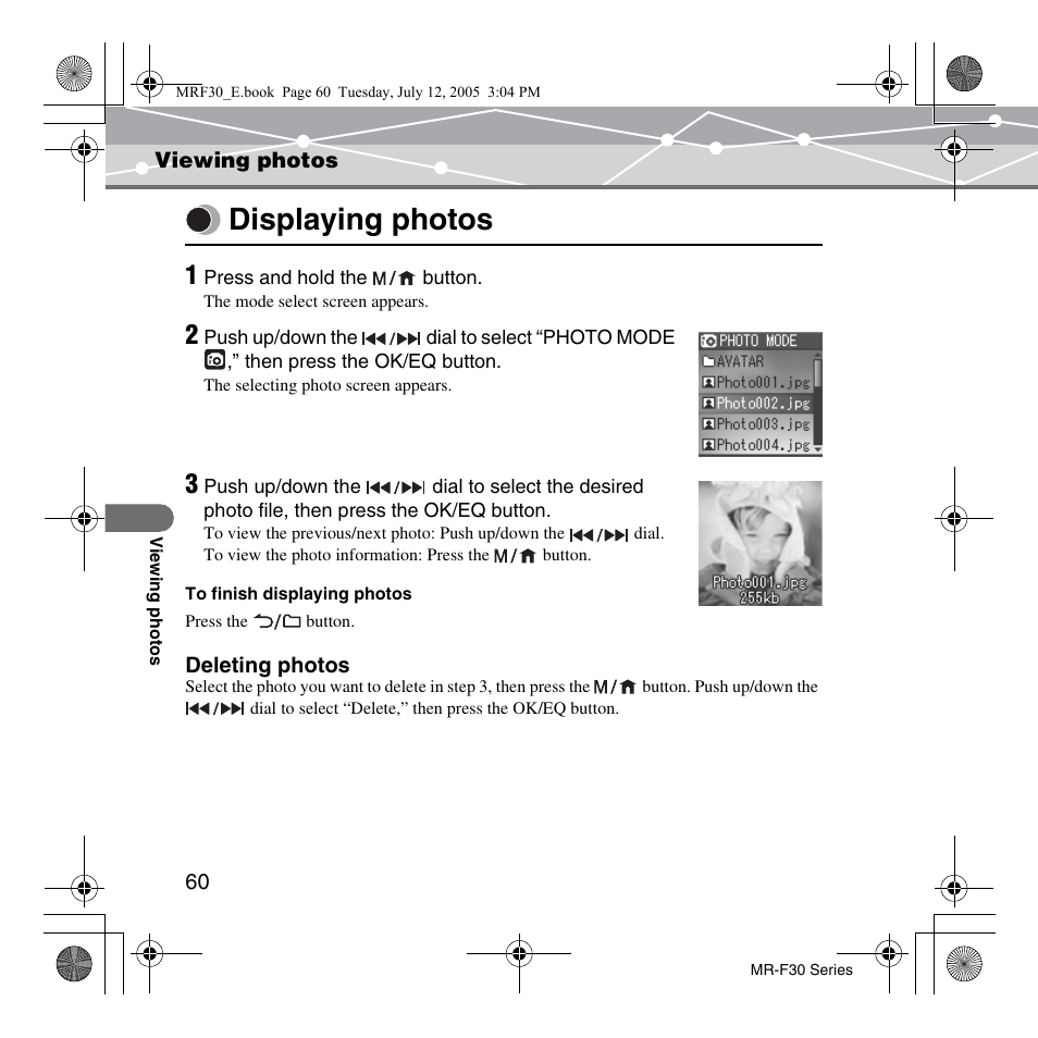 Viewing photos, Displaying photos, Viewing photos displaying photos | Mode | Olympus MR-F30 Series User Manual | Page 60 / 86