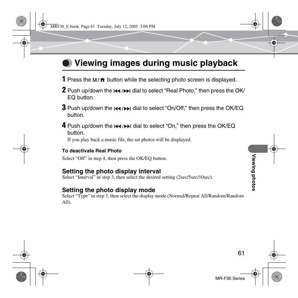 Viewing images during music playback | Olympus MR-F30 Series User Manual | Page 61 / 86