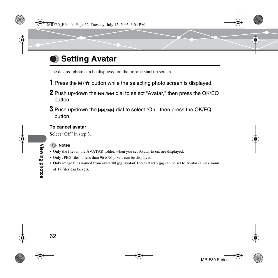 Setting avatar | Olympus MR-F30 Series User Manual | Page 62 / 86